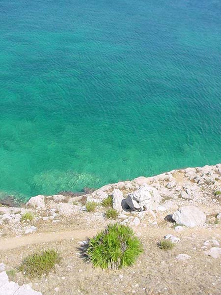 Specchio di mare cristallino e sentiero pedonale ai piedi della torre.